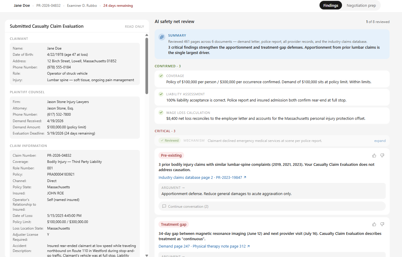 ClaimBuddy Findings view, showing the submitted Casualty Claim Evaluation alongside the AI safety net review with confirmed items and critical findings cited to source pages.
